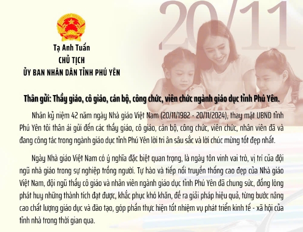 Hình ảnh cho bài viết Chủ tịch UBND tỉnh gửi thư chúc mừng ngày Nhà giáo Việt Nam 20/11