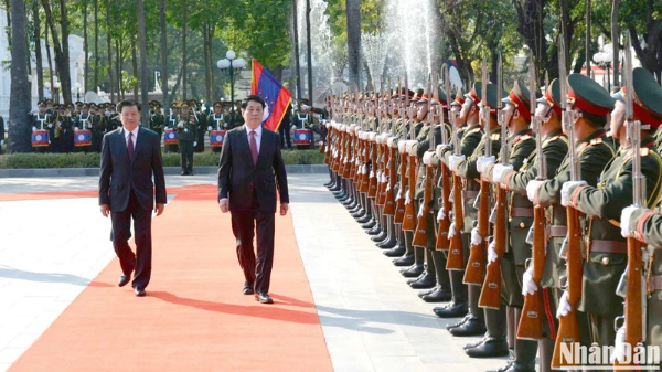 Hình ảnh cho bài viết Lễ đón chính thức Chủ tịch nước Lương Cường thăm cấp Nhà nước đến Lào